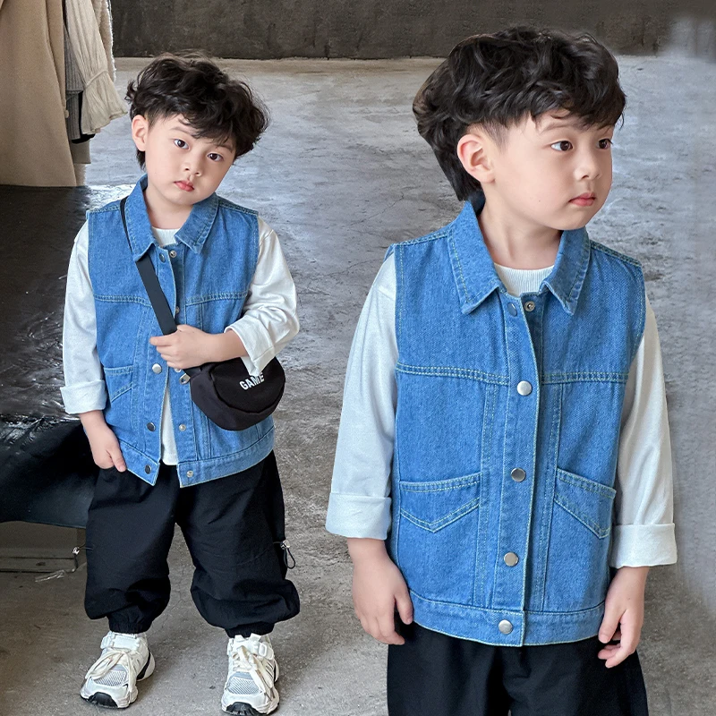 

Brief Style Baby Kids Casual Denim Waistcoat for Boys Sleeveless Jacket Toddler Child Solid Blue Denim Vest with Pocket Age 2-9Y