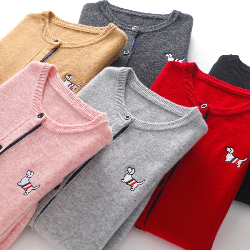 100% Merino Wool Women's Crewneck Embroidered Puppy Cardigan 2024 New Patchwork Fashion Long-sleeved Sweater Cardigan