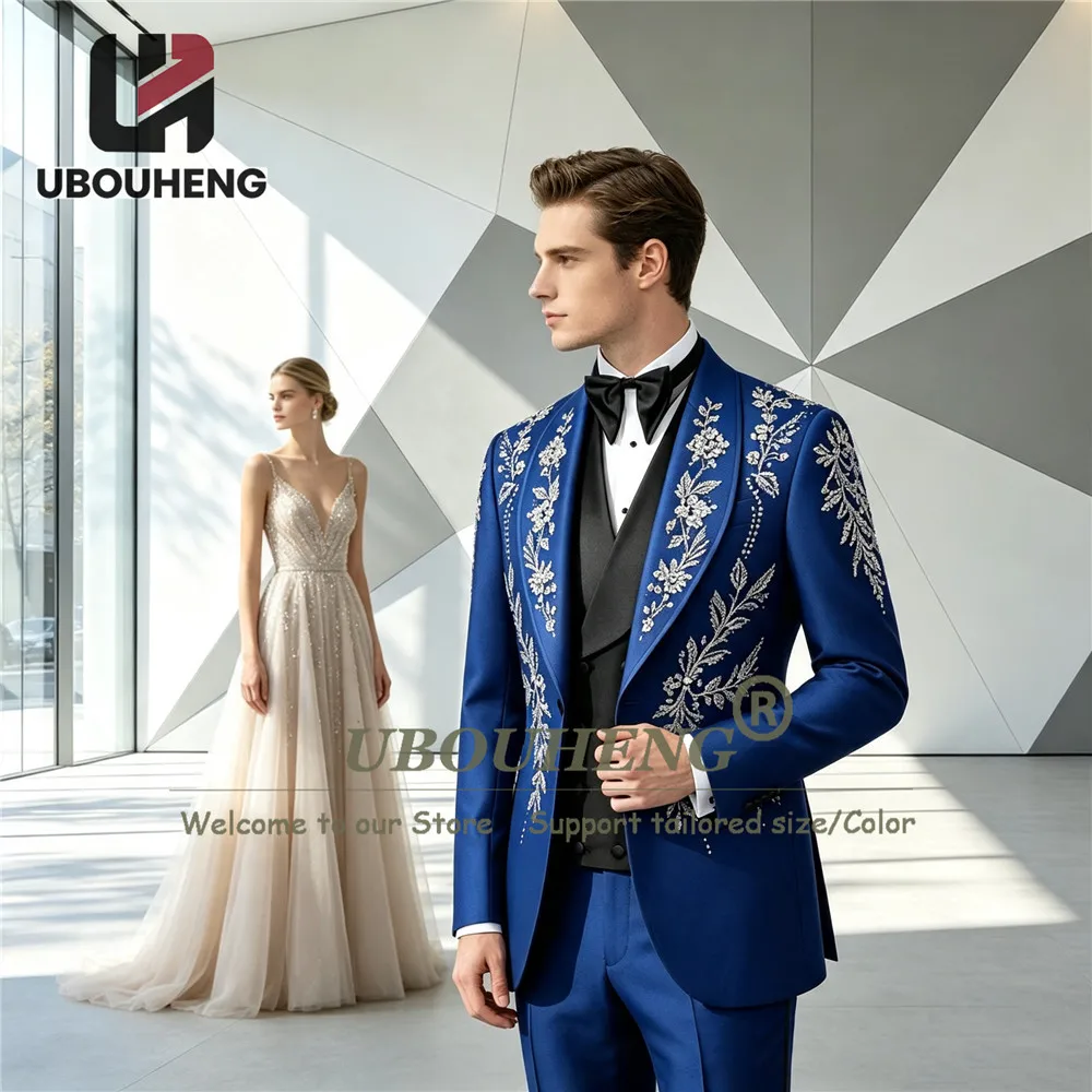 Unique Design Suit Men Slim Fit Sliver Beaded Stones Jacket Vest Pants 3 Piece Sets Groom Wedding Tuxedo Customized Male Clothes