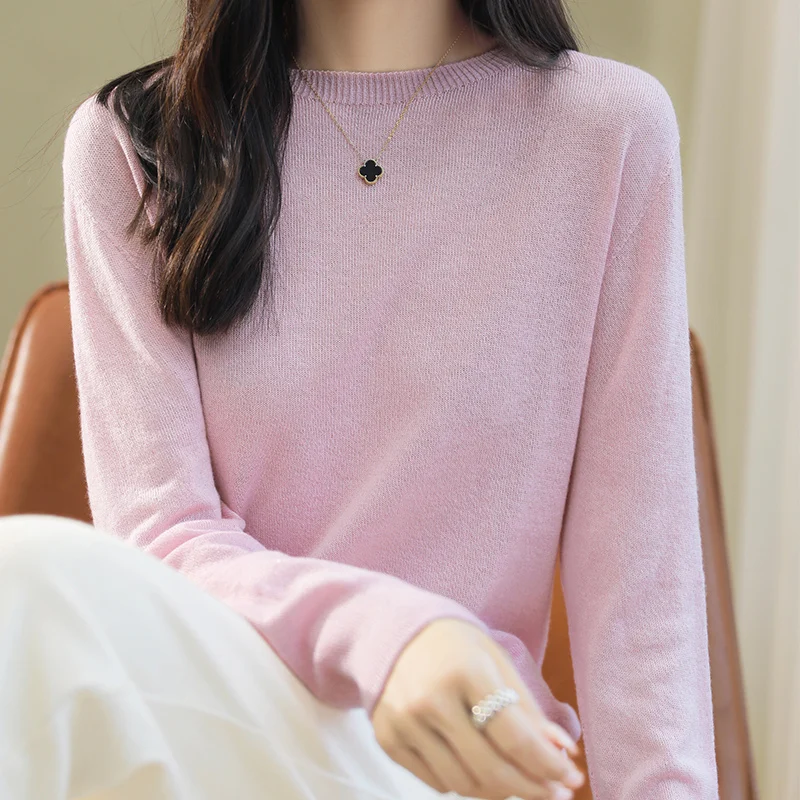 100% Merino wool autumn/winter new women's sweater crewneck jumper Fashion light luxury solid color warm base knit shirt