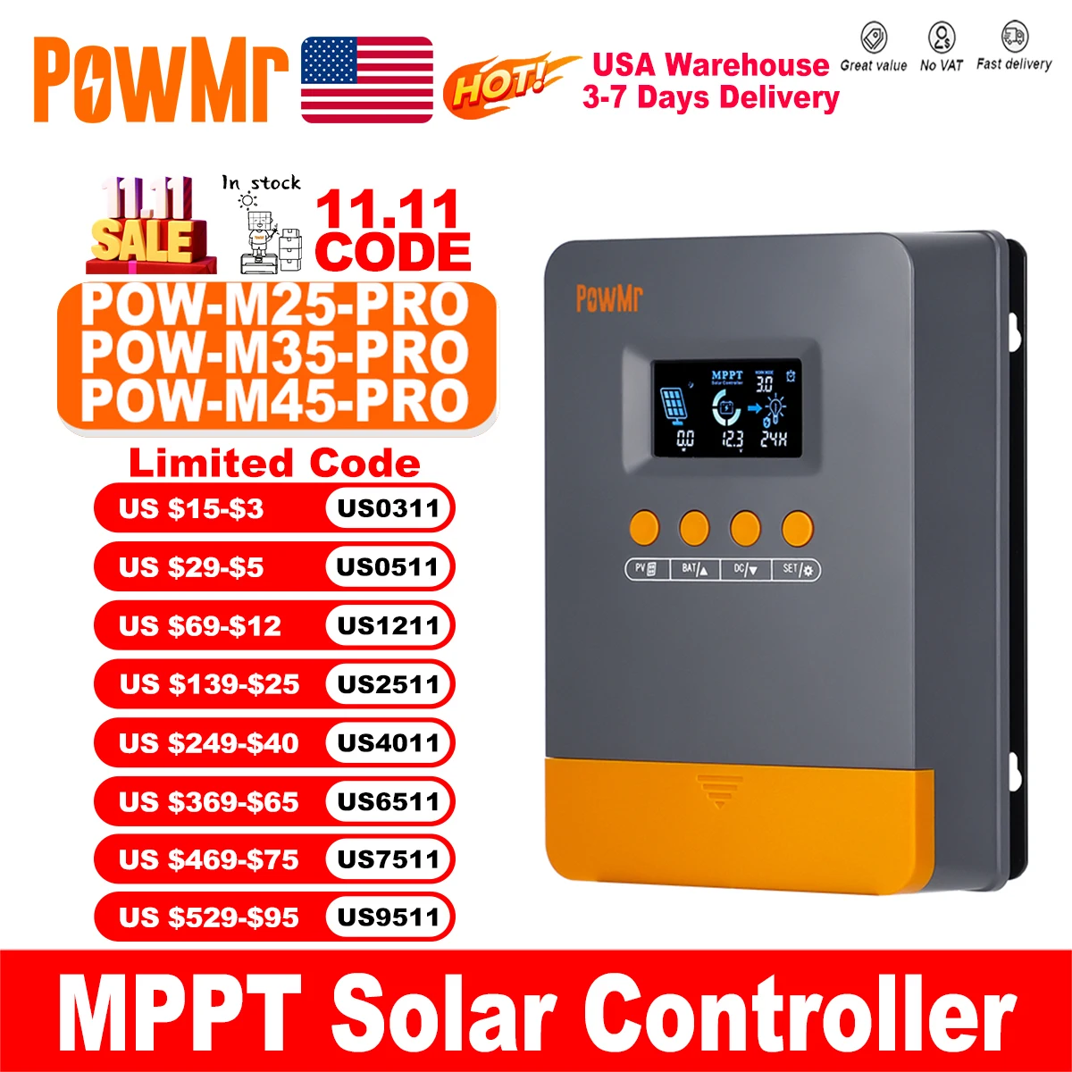 

PowMr США 25A 35A 45A MPPT контроллер заряда солнечной батареи 12 В 24 В автоматический для панели 100 В интеллектуальный регулятор свинцово-кислотная/литиевая батарея