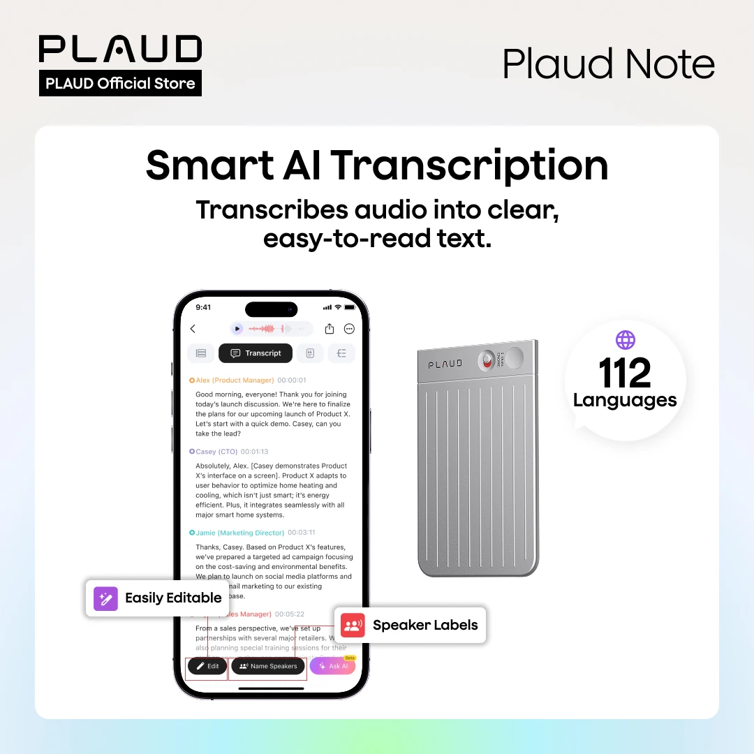مسجل صوت PLAUD NOTE AI، جهاز تدوين الملاحظات بالذكاء الاصطناعي للاجتماعات والمحاضرات والمكالمات ونقش الذكاء الاصطناعي والتجميع