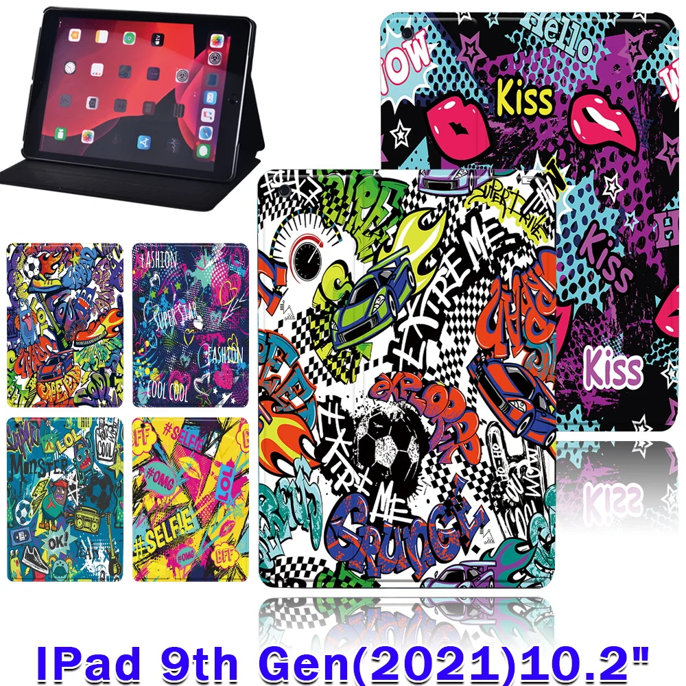 Tablet Case for Apple IPad 10.2 Inch 9th Generation 2021 Folio Leather Stand Shell Cover with Graffiti Art Pattern + Free Stylus