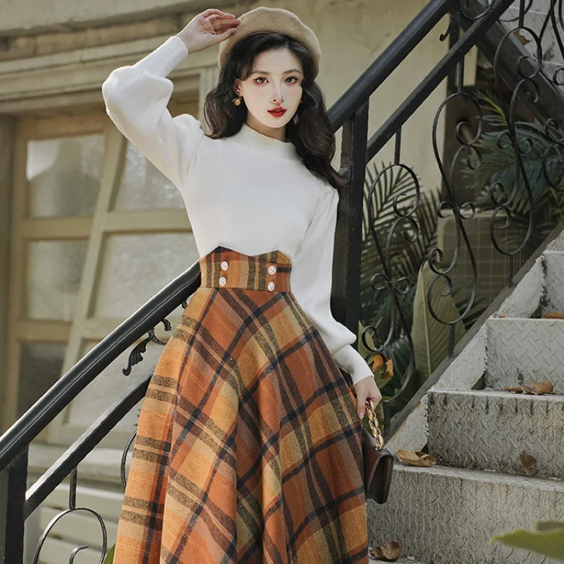 Autumn and Winter Vintage High Waist plaid Skirt Fashion vestido longo evangelico lady