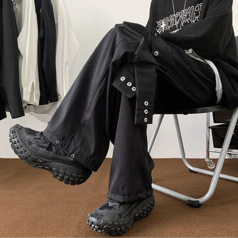 チャージブラックワークパンツ メンズ 春秋 2025 新作 ルーズ ワイドレッグ トレンド カジュアルパンツ