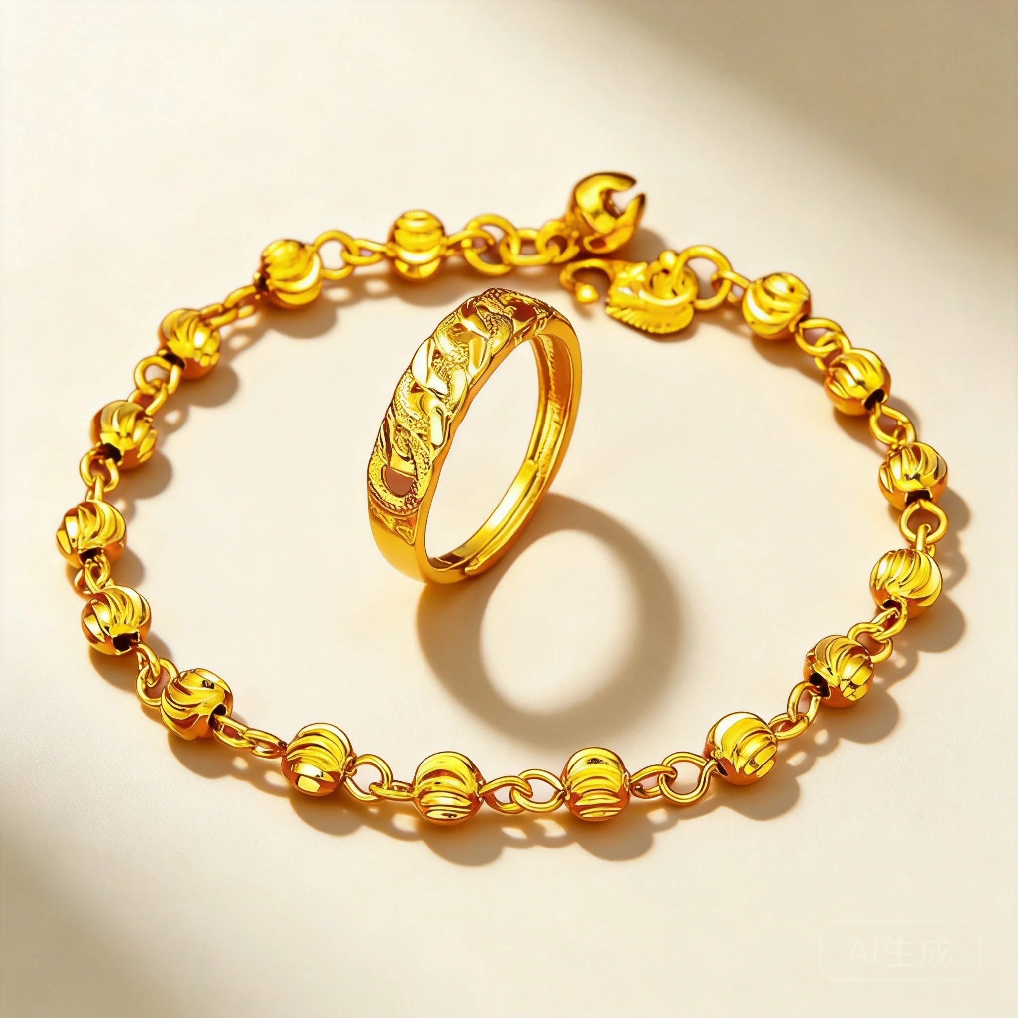 24k Gold Plated Chinese Style Watermelon Bead Bracelet Ring Set Lucky Auspicious Fortune Jewelry For Her Daily Wear Party Gift