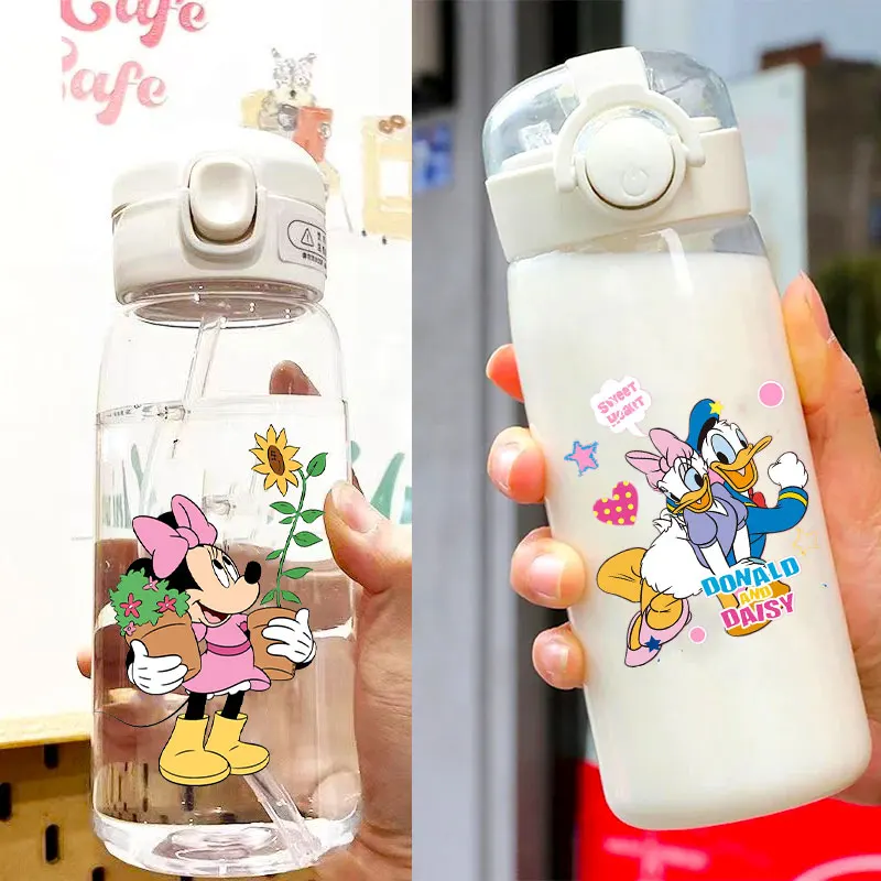 Taza de agua con pajita de Disney, botella de agua deportiva portátil de plástico con Mickey Mouse Minnie de 600/400ML, transparente para exteriores, de gran capacidad