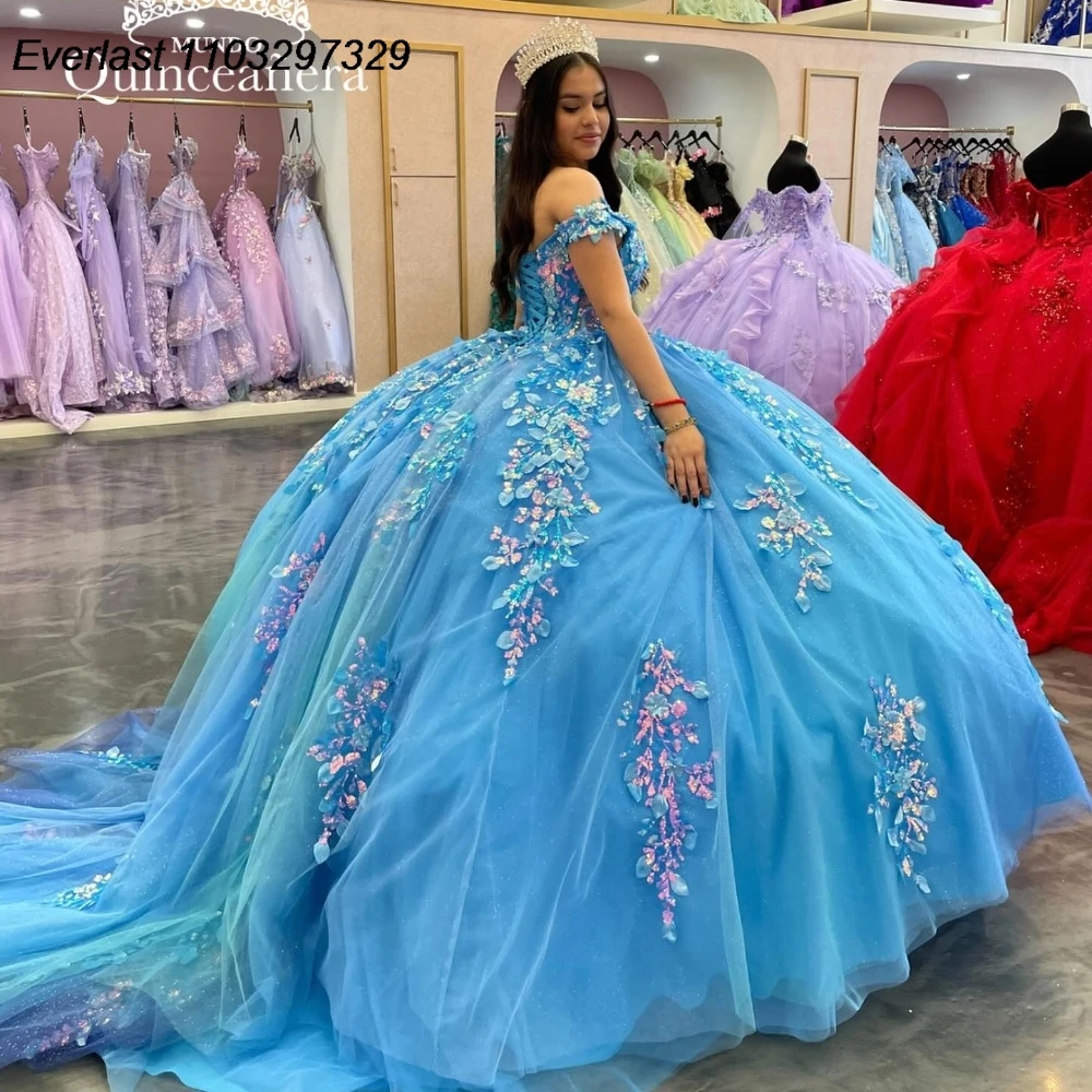 

EVLAST Glitter Blue Quinceanera Dress Ball Gown Pink Floral Applique Beaded Sequins Corset Sweet 16 Vestido De 15 Anos QD1014