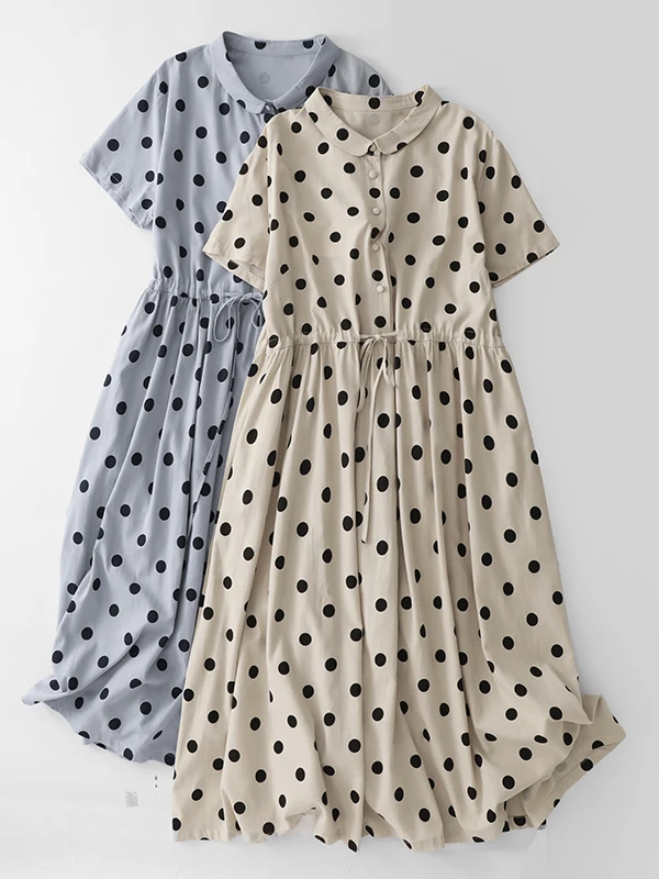 

Летняя повседневная хлопковая юбка Lin Dr, женская юбка трапециевидной формы средней длины с завязками на талии и небольшим воротником в горошек