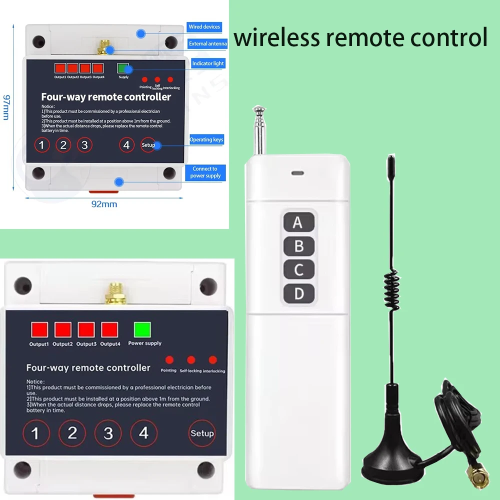 4-channel long-distance wireless remote control switch, AC 220V 380V high-power radio frequency relay receiver controller, wirel