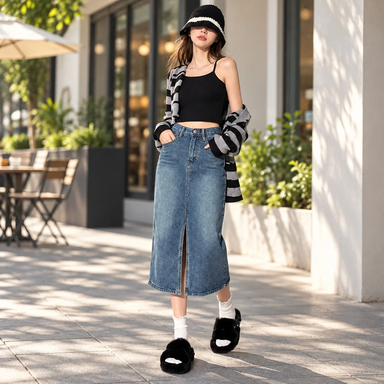 Washed Midi Length Skirt with Straight Cut Sweet Women Skirt Casual Maxi Length Sweet and Fresh Girlie Style Summer Travel
