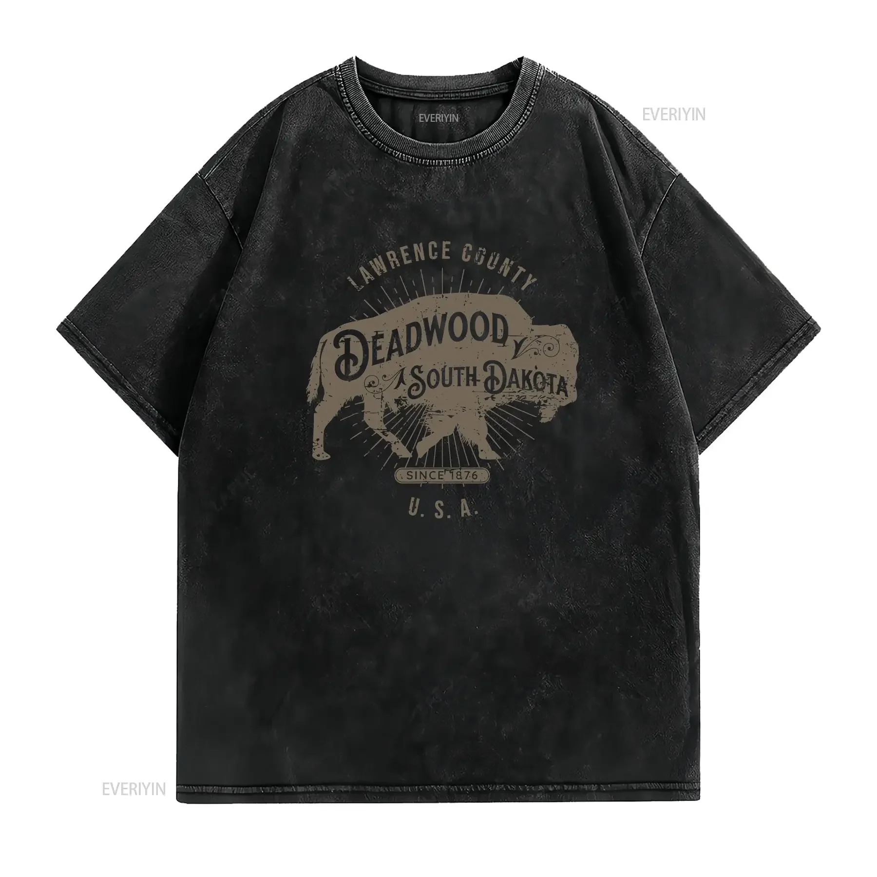Deadwood South Dakota USA Distressed Bison Design Souvenir T Shirt vintage Washed homme Breathable graphic streetwear vintage