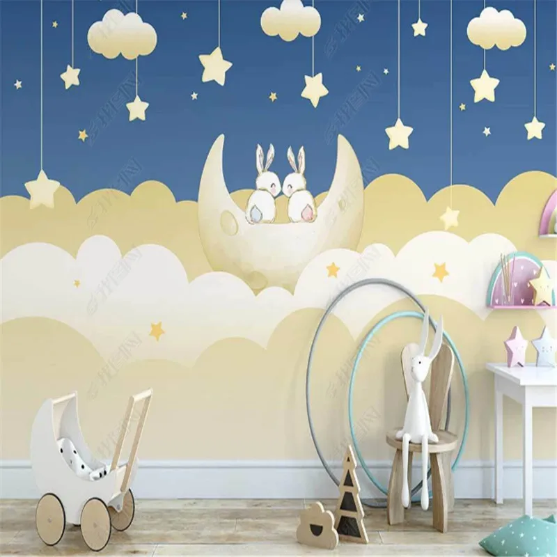 

Nordic Wallpaper for Kid's Room Cartoon Moon Boat White Rabbit Cloud Children's Room Background Wall Papers Home Decor Murals