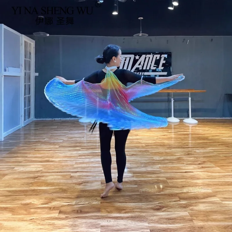Accesorio de danza del vientre para adultos, gancho de mano con ala trasera, ala transparente colorida, accesorio de rendimiento, capa, ala de escenario para espectáculos de baile