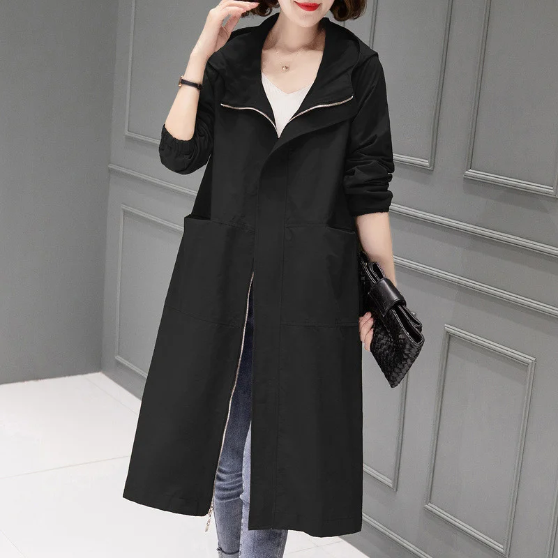 Korean Hooded Windbreaker Coat Women Spring Autumn 2024 New Fashion Middle Length Overcoat Casual Loose Trench Coat Female