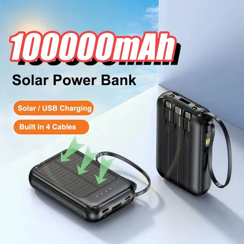 100000mAh Mini Solar Power Bank Built in 4 Cable Portable Solar Charging Power bank for iPhone18 17 16 15 Samsung Huawei Xiaomi