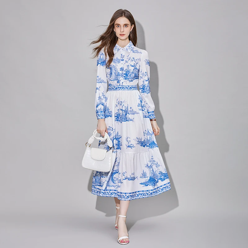 Ele Vintage Print Long Sve Dr Slimming Godd Sle Faion da donna Nuovo arrivo Cotone Dolce Estate Midi Dr