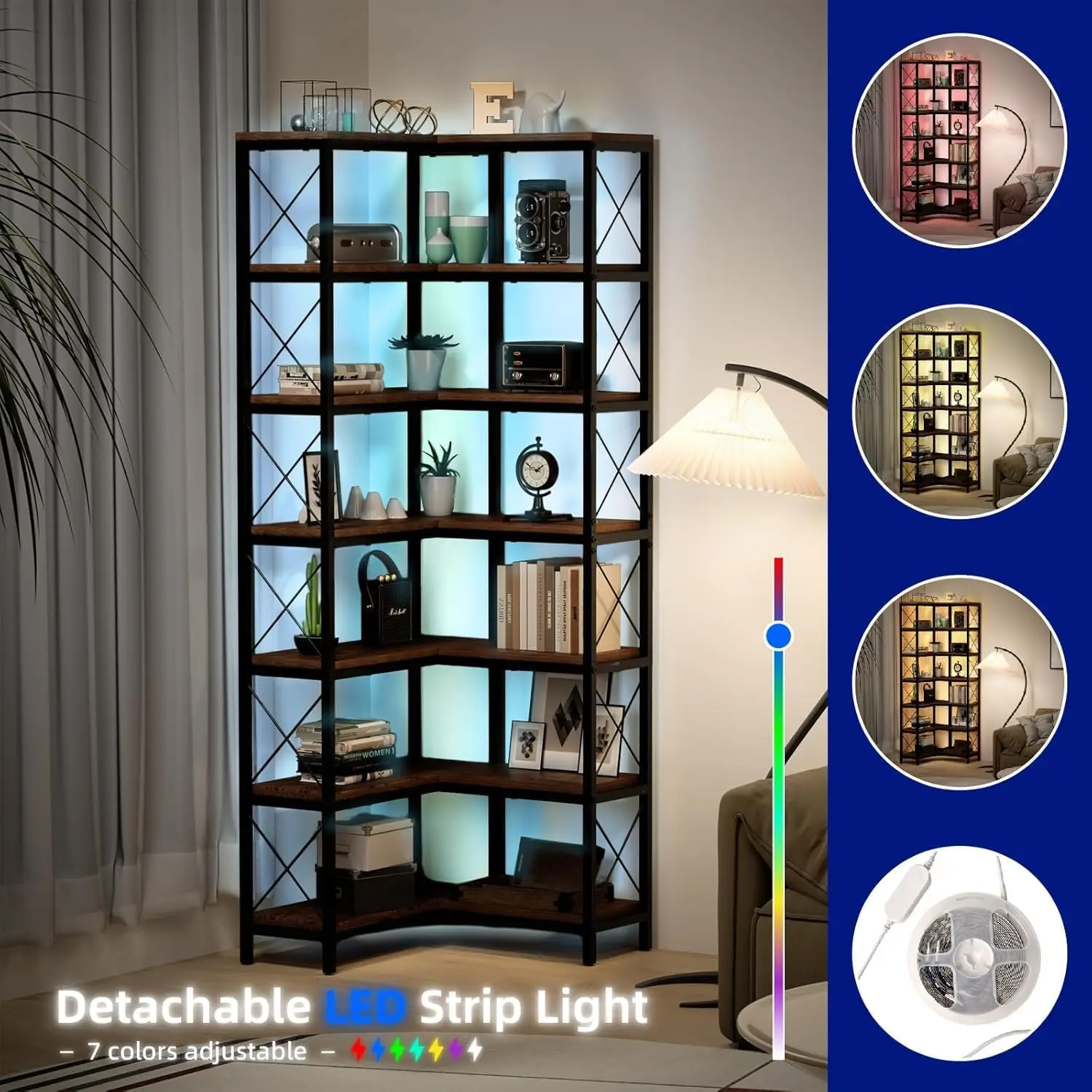 رف كتب زاوية من 7 طبقات مع أضواء LED، رف تخزين عالي الزاوية مقاس 78.7 بوصة لغرفة المعيشة وغرفة الدراسة، ألوان ملتهبة #3