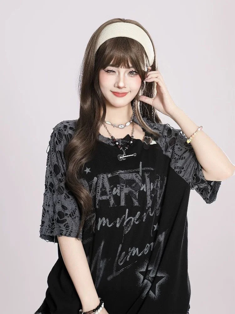 Y2K風ホールピュアコットンTシャツ レディース アメリカンストリートウェア ホットスイート サブカルチャー ティーシャツ パッチワーク ルーズ レター Oネック カットアウト トップス 新作