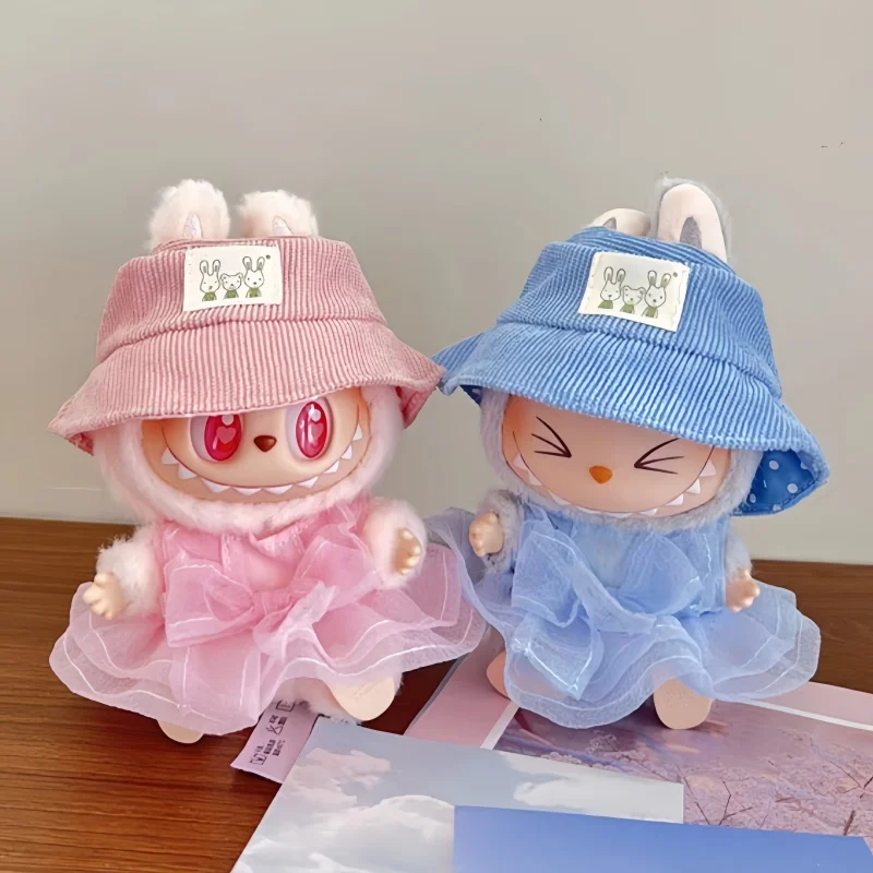 New Arrival Labubu Generation 1 And 2 Pink And Blue Chiffon Dress Set Andcute Fisherman Hats Doll  For Girls Cute Birthday Gifts