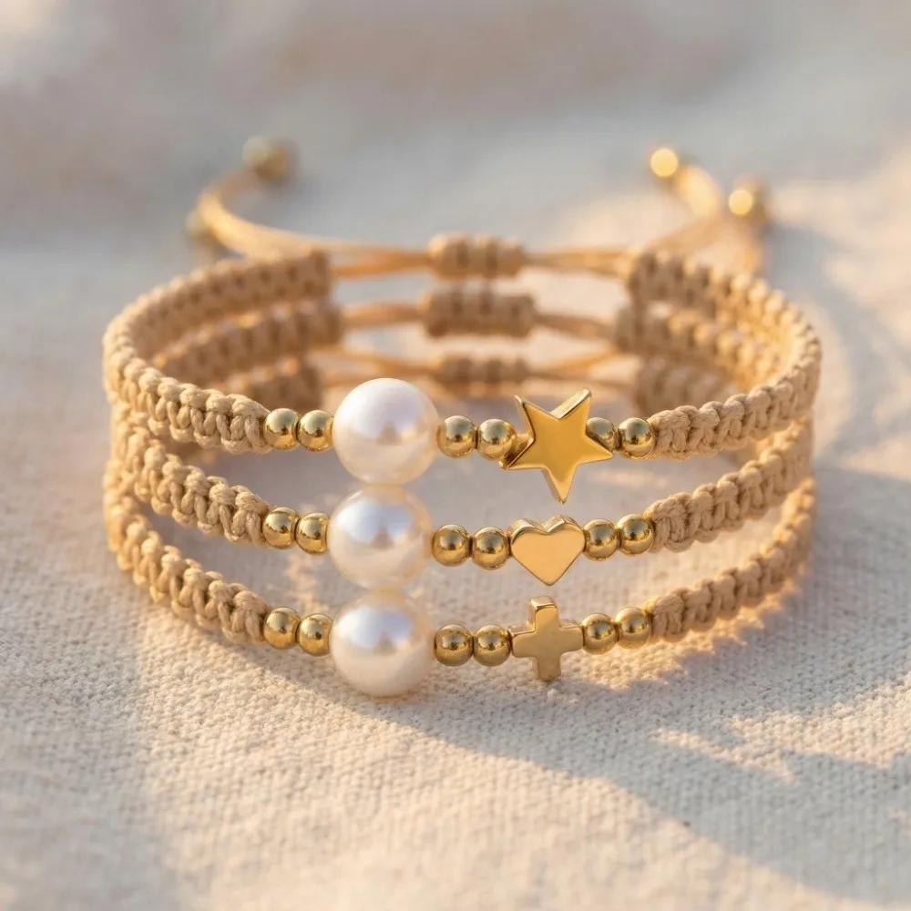 Simple Adjustable Star-Shaped Bracelet Pearl Bead Minimalist Woven Bracelet Light Luxury Hand Rope Casual Bracelet Men