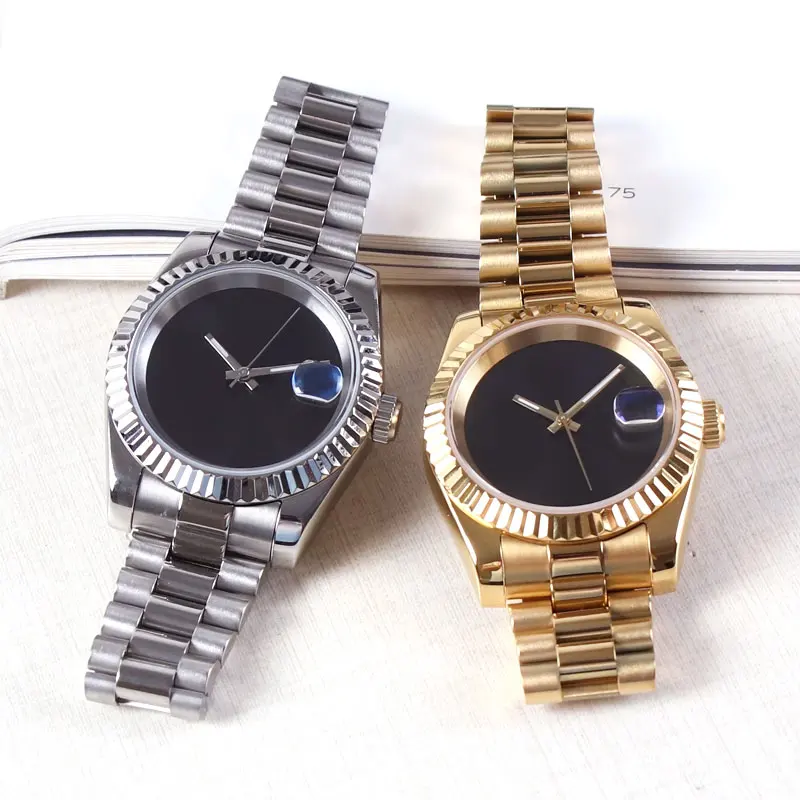 oro 36/39mm quadrante nero DJ stely orologio automatico intrecciato curvo da uomo NH35A vetro zaffiro con retro in vetro