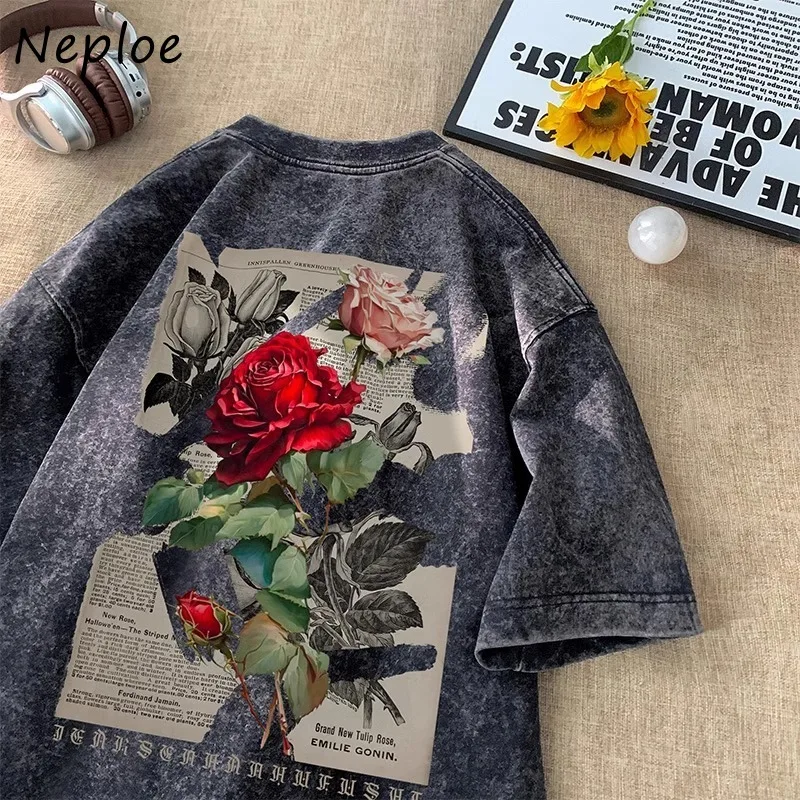 Neploe Vintage Rose Print O-neck T-shirts Y2k Short Sleeve Loose Tee Shirt 2024 Summer New Black Bottoming Tops Women