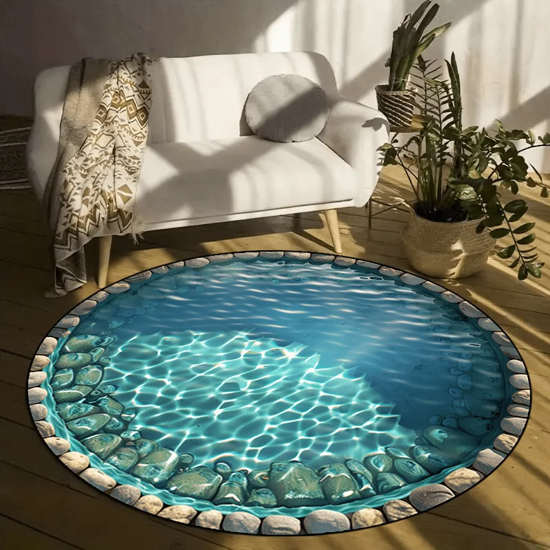 Natural Landscape Pond Round Mat 2D Green Grass & Wildflower Stream Circular Decor Rug for Entryway Indoor Living Space Decor