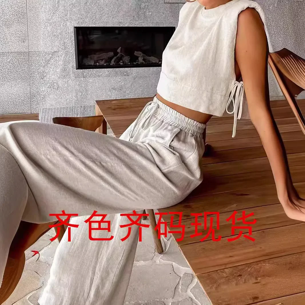 Women's clothing 2025 fashion casual cotton and linen suit shoulder padded sleeveless top + pocket wide-leg pants two-piece set