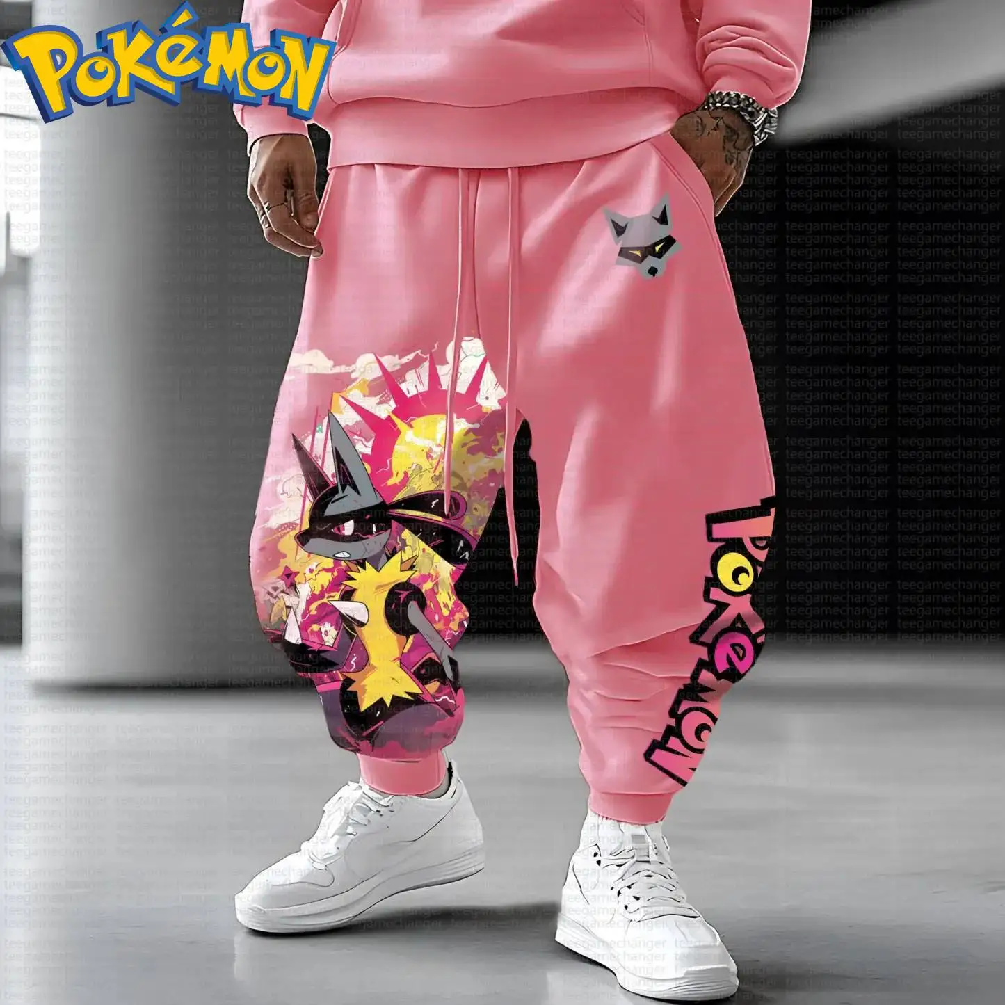 Pokemon anime lucario algodão moletom com capuz harajuku calças conjunto rosa preto cinza personagem impressão com efeito relâmpago amarelo duas peças