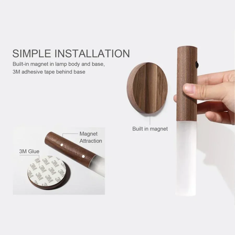 Motion Sensor Wood Night Light Wireless Type C Rechargeable LED Wall Lamp For Bedroom Bedside Kitchen Lamp 3color in one Lamp