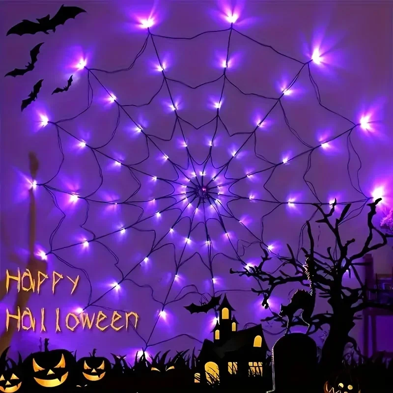 70 LEDs Halloween Spider Web  Lights Decoration Battery Operated With Remote Control Net Mesh  Garden Wall Decor