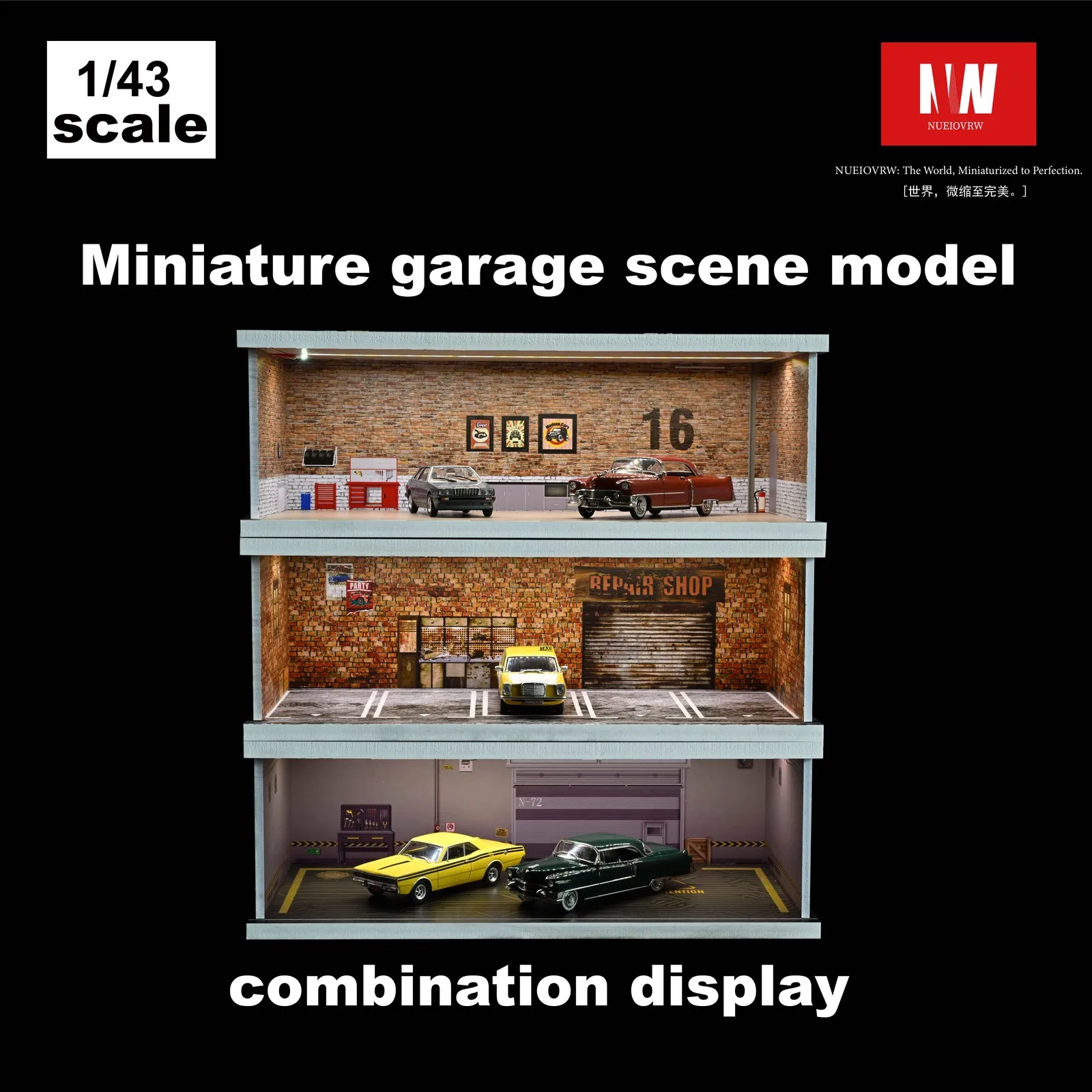 

Диорама 1/43 Модель гаража Светодиодные фонари Парковка Сцена Витрина Модель