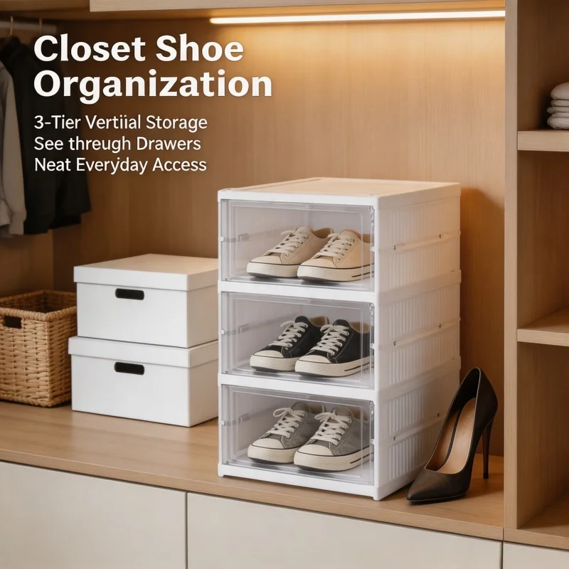 3/6 Layers Foldable Shoes Storage Box Transparent Sneaker Shoes Box Stackable Dustproof Cabinet Shoe Organizers Rack Shelf image 2