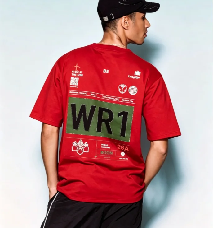 2026 Black round-neck T-shirt with tech-style rear print appliqués tactical streetwear with loose short sleeves and fabric