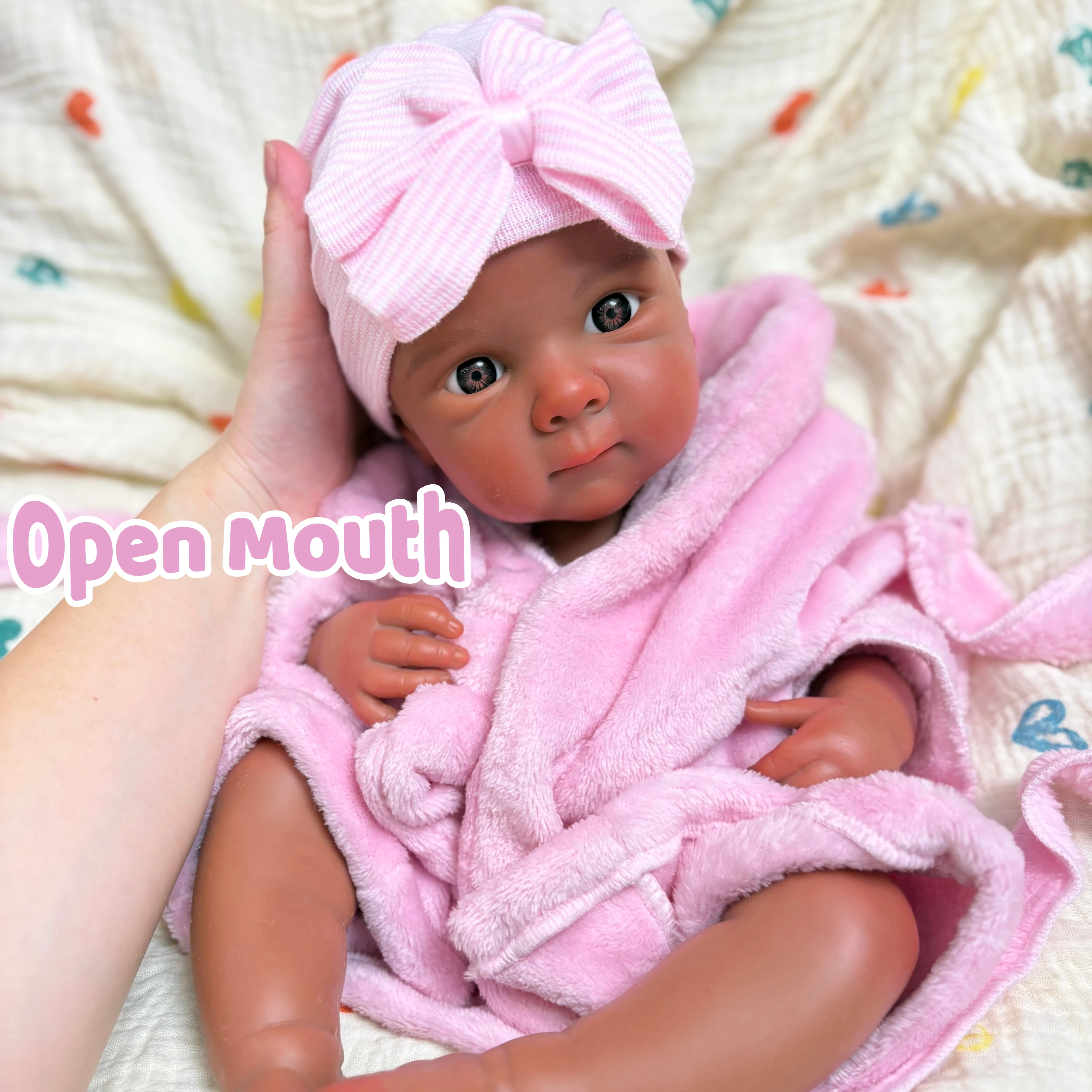 

18 Inch Dark Skin Open Mouth Bettie Silicone Reborn Baby Doll, Smooth Touch Realistic Skin Nice Present, Bebe Reborn De Silicona
