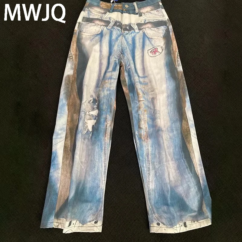 

MWJQ American High Street Jeans Men's Vibe Style Fashion Spray Graffiti Washed Hiphop Straight Denim Pants 2025 Summer 010166