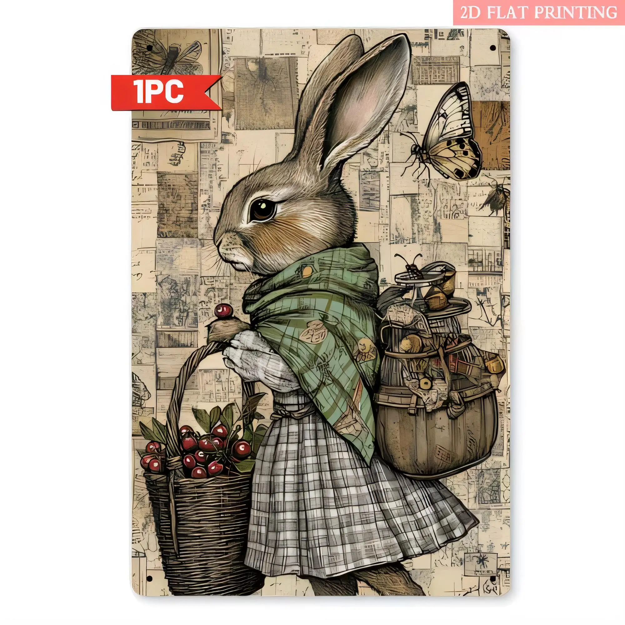 Tin Sign Vintage Rabbit Girl Holding Basket with Cherries  Printing Farmhouse Metal Wall Art Retro Illustration for Living Room