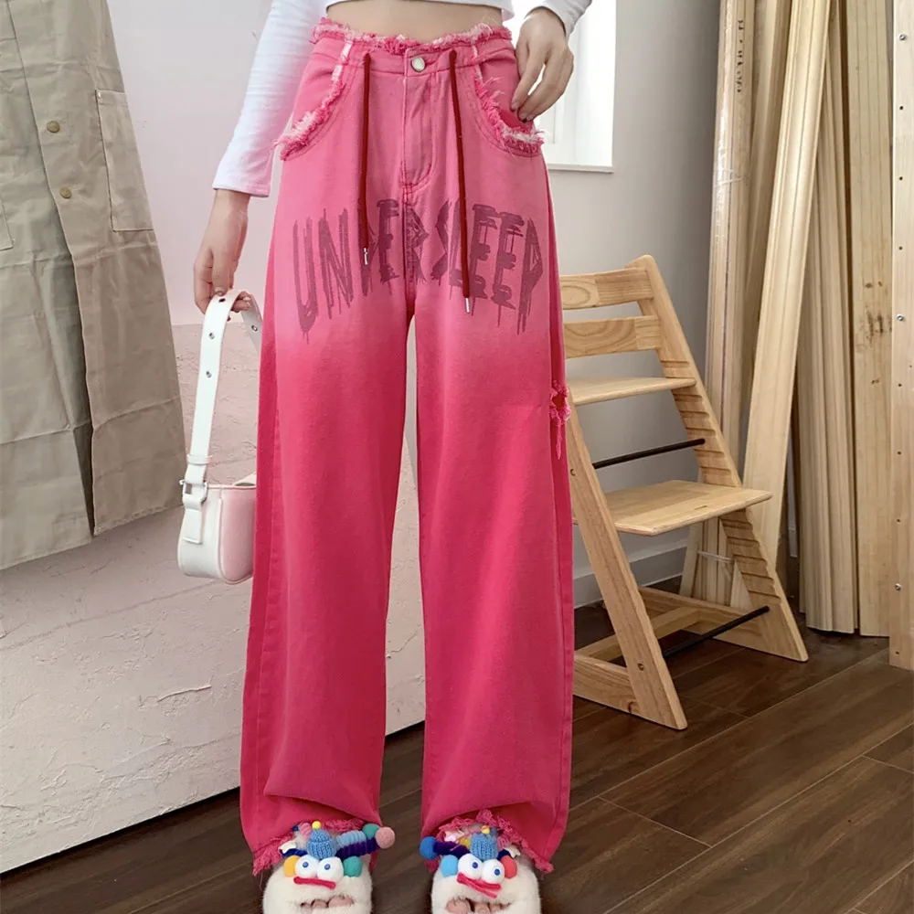 

American High Street Pink Gradient Ripped Jeans Women'S New Raw Edge Drawstring Letter Wide Design Sense Thin Wide-Leg Pants