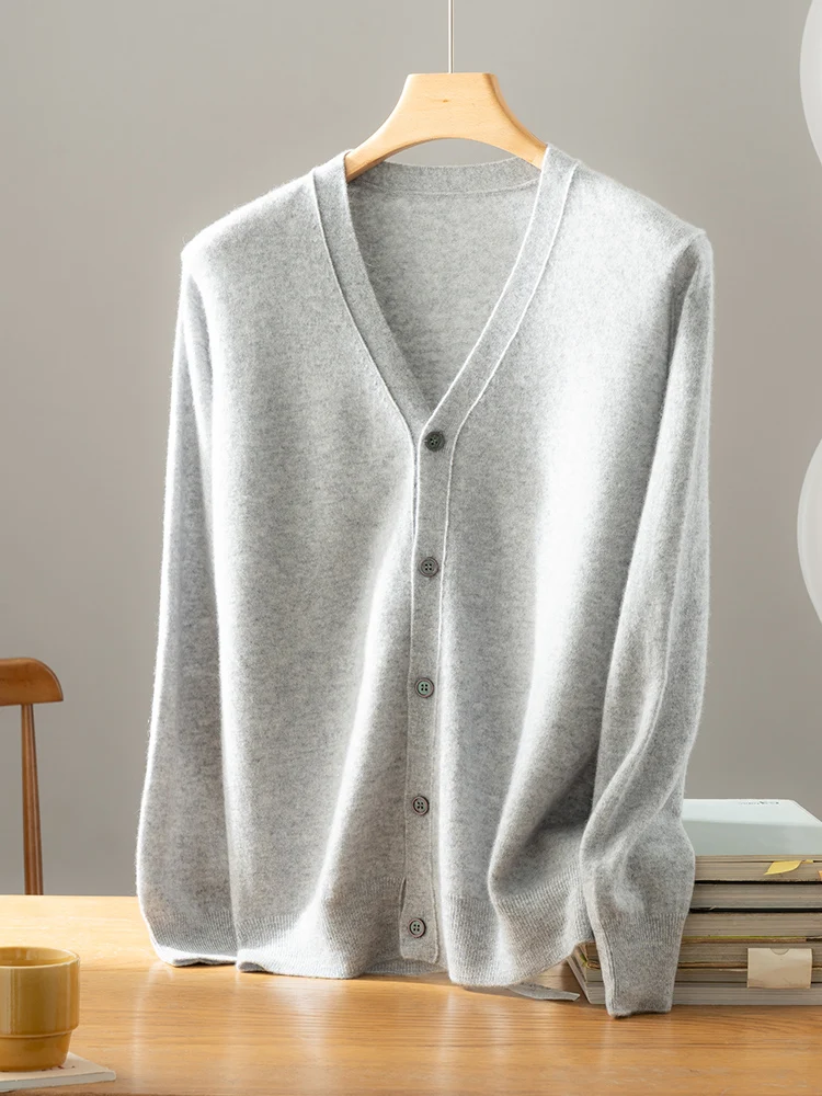 Chic Men's V-neck Cardigan Autumn Winter Classics Sweater Long Sleeve 100% Cashmere Knitwear Casual Solid Korean Style Male Tops