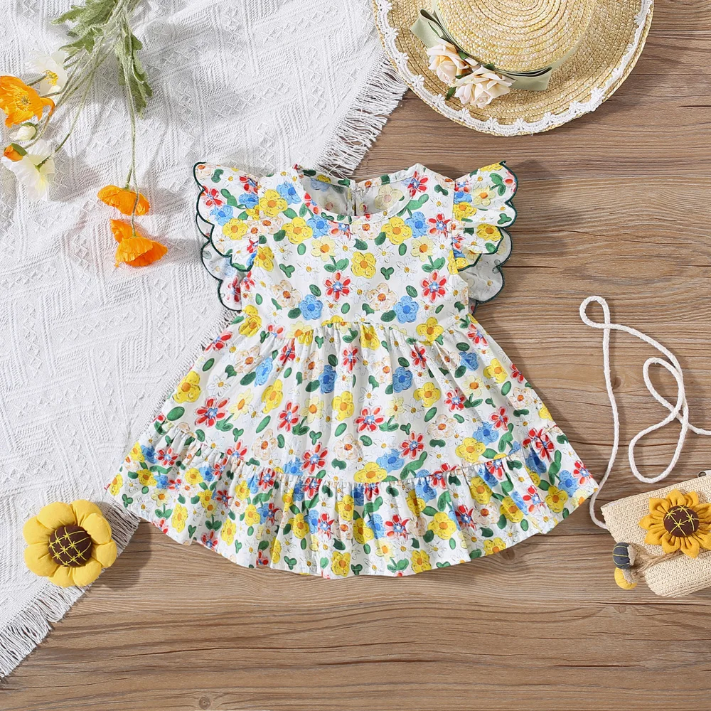 Summer Baby Girl Dress Cute Flower Print Small Flying Sleeve Beach Dress Sweet Girl Princess Dress