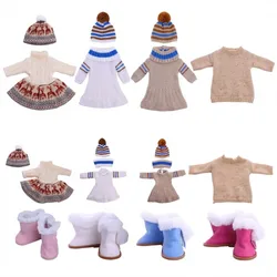 Doll Clothes 2 Pcs Sweater+Knitted Hat & Plush Boots For 18 Inch American Doll & 43 Cm Baby Doll For Generation Girl`s Christmas