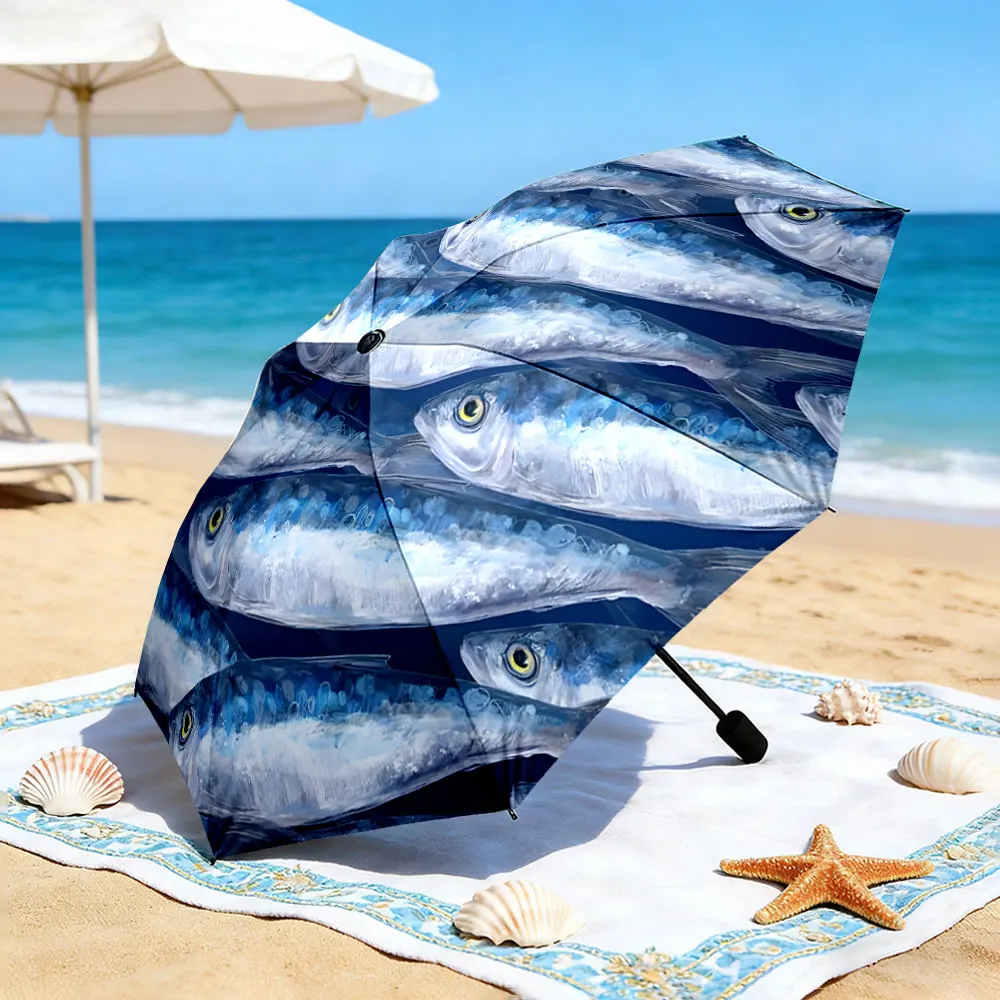 1PC Unique Fish Pattern Umbrella at a Scenic Lakeside Print 8 Iron Ribs Folding Umbrella Auto-Open Fashion Sunshade