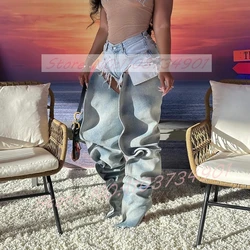 Baggy Denim Slip-On Crotch Boots Women Fashion Novelty Pleated Pointed Toe Thin High Heels Boots Lady Party Street-Chic Footwear