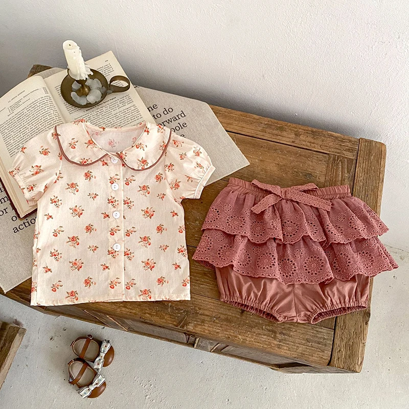 Girls Pure Cotton Clothing Set 2024 Summer Girl Baby Doll Neck Floral Printed Short Sleeved Top + Lace Shorts Two Piece Suit