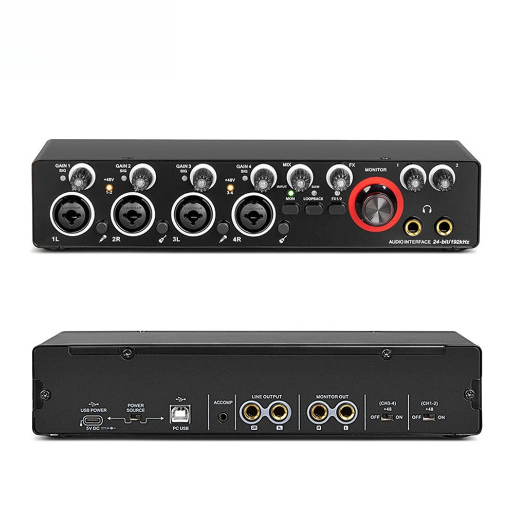 Podcast Kit Equipment Audio Studio Recording Black 4 I/O Sound Card Audio Interface 24 Bit 192KHz Wholesale OEM