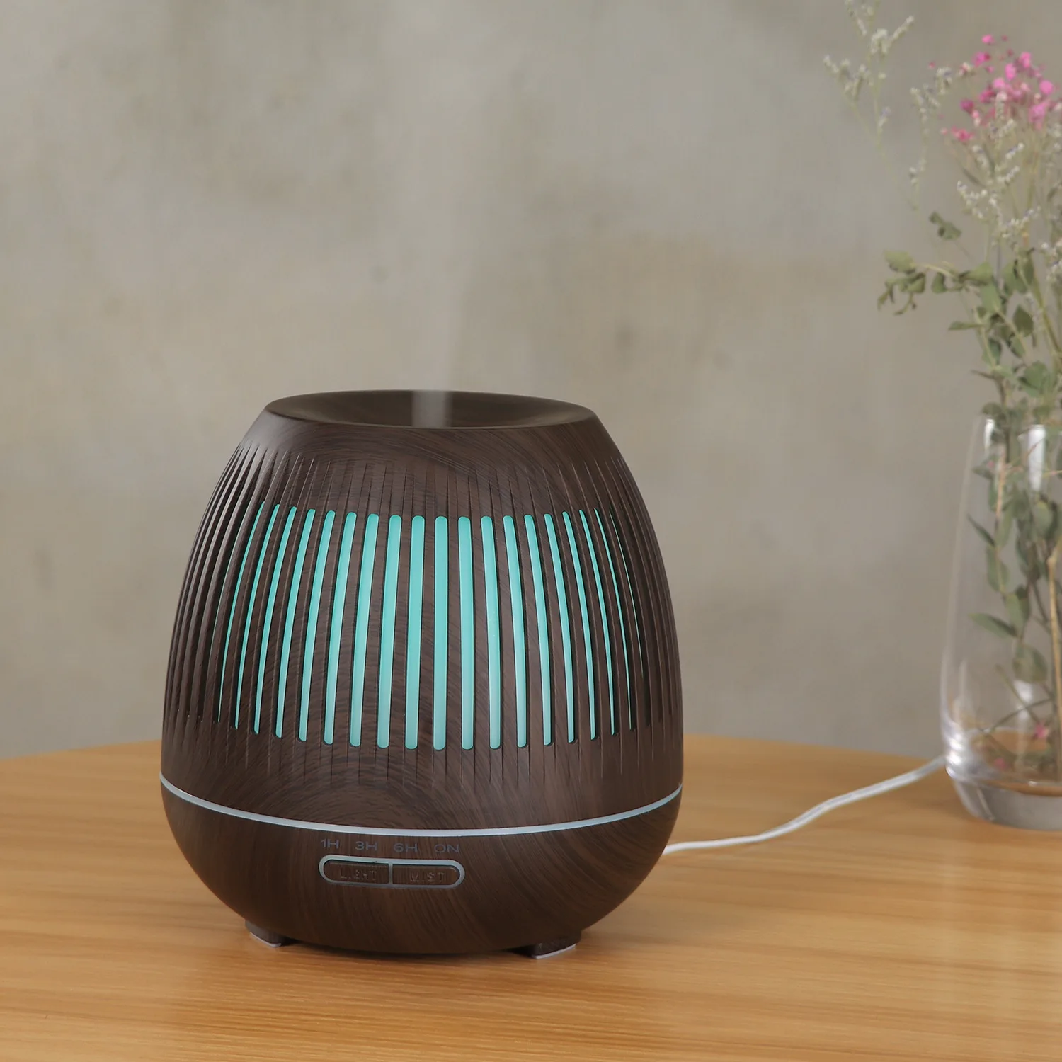 400ml Wood Grain Essential Oil Diffuser Ultrasonic Air Humidifier Hollow Aromatherapy Mist Maker with LED Light for Office Home