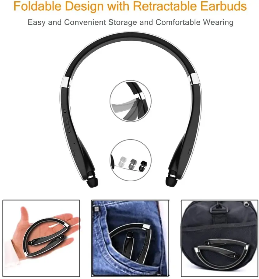 Upgraded Neckband Bluetooth Headphones Foldable Retractable Earbuds Noise Cancelling Stereo Earphones Wireless Headset