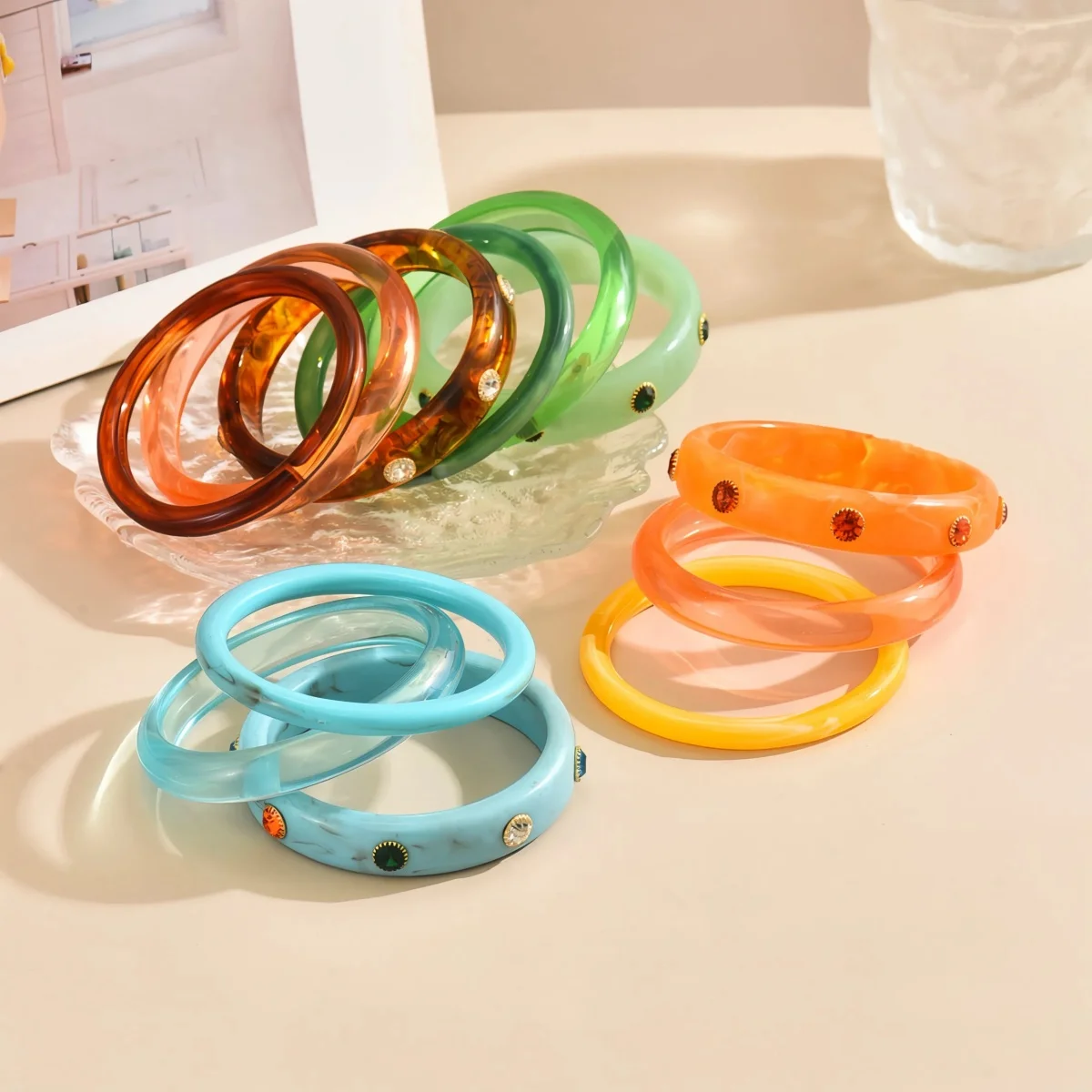 3Pcs/Set Boho Colorful Smudging Stackable Round Resin Bangles Set for Women Fashion Geometric Acrylic Bracelet Jewelry Punk Gift