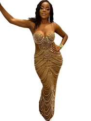 Beautiful Gold Beaded Bodycon Evening Gown Sparkle Pearls Rhinestone Long Dresses Birthday Party Outfits New Year Gowns